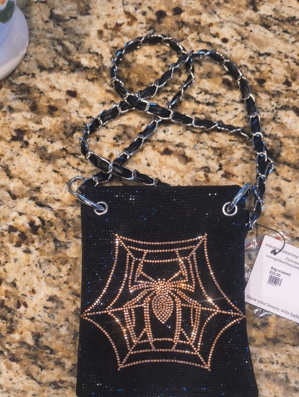 Black Crossbody Bag with Gold Crystal Spider Web